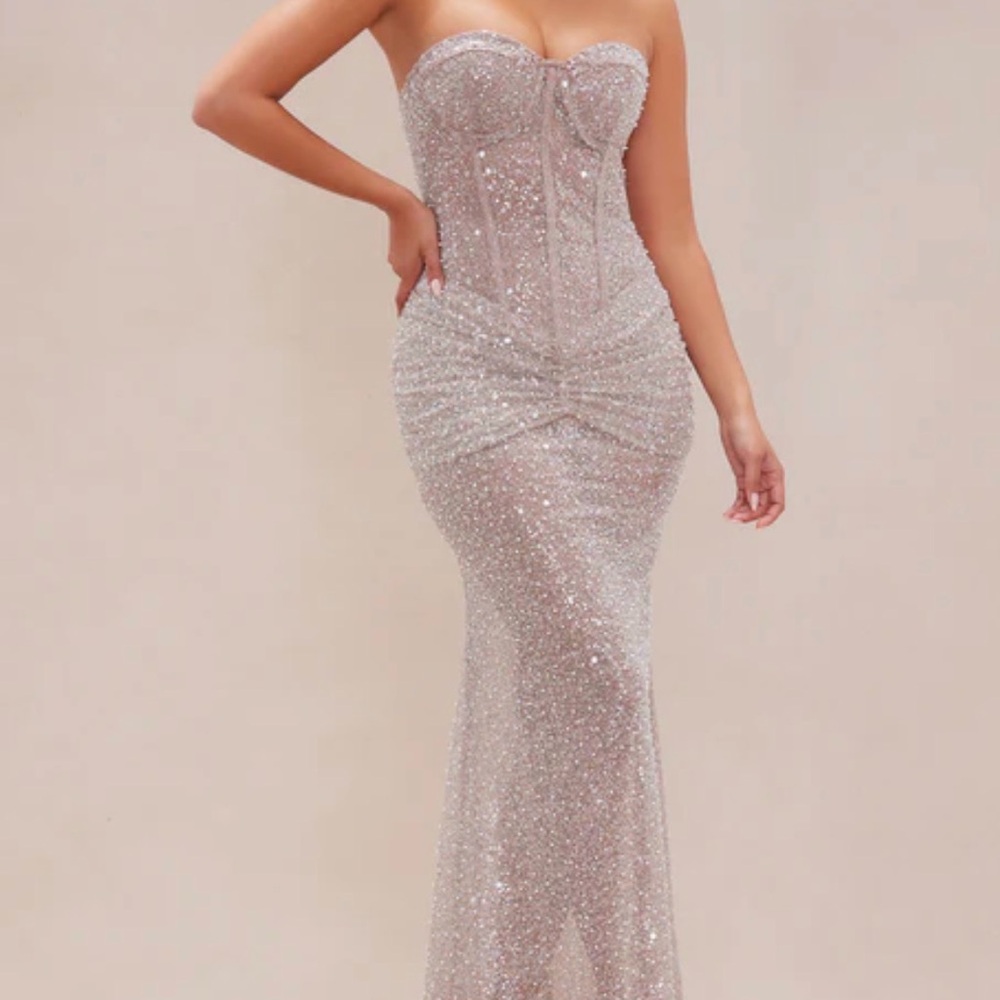 Fashion Nova Glittering Silver Strapless Dress